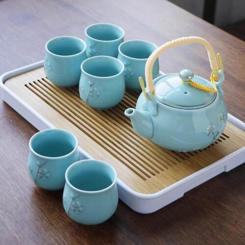 景德镇提梁陶瓷茶具套装家用现代简约手工描金客厅茶壶茶杯送托盘