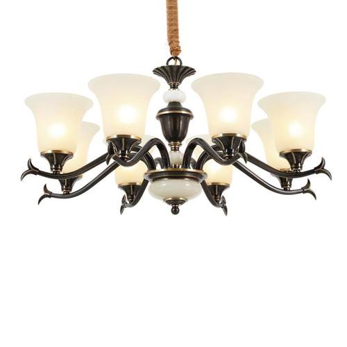 美式客厅吊灯黑刷金全铜玉石吊灯饭厅餐厅欧式简约卧室书房吊灯具