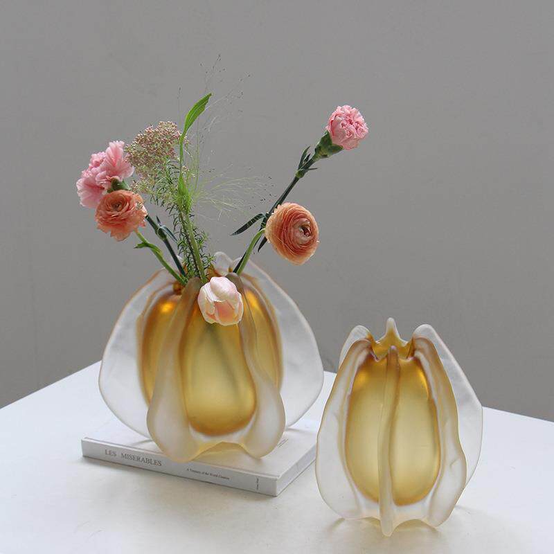 现代轻奢创意哑光琥珀色玻璃花瓶家居花束插花样板房间软装饰品
