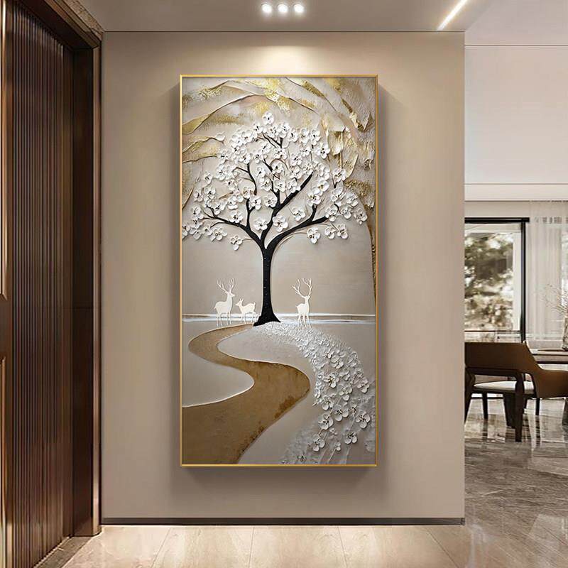 2024新款发财树玄关装饰画 画寓意好鹿过道走廊挂画 画肌理感正对