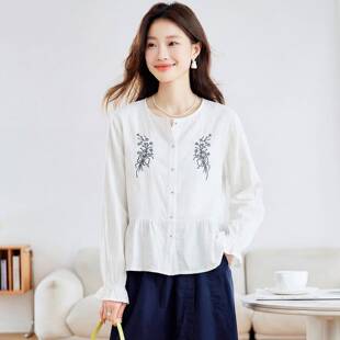 春装衬衫女款2026新款时尚休闲刺绣纯棉长袖上衣洋气宽松显瘦衬衣