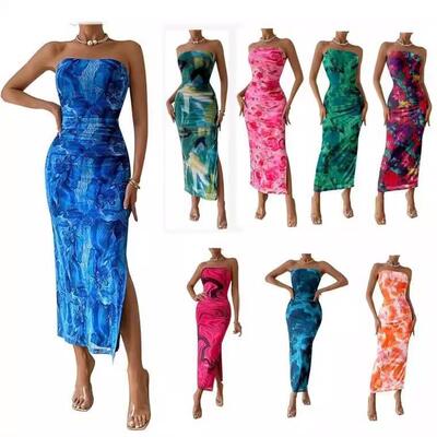 Women'S Summer Printed Strapless Bodycon Maxi Dress Ruched