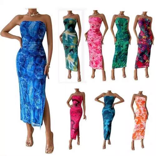 Women'S Summer Printed Strapless Bodycon Maxi Dress Ruched