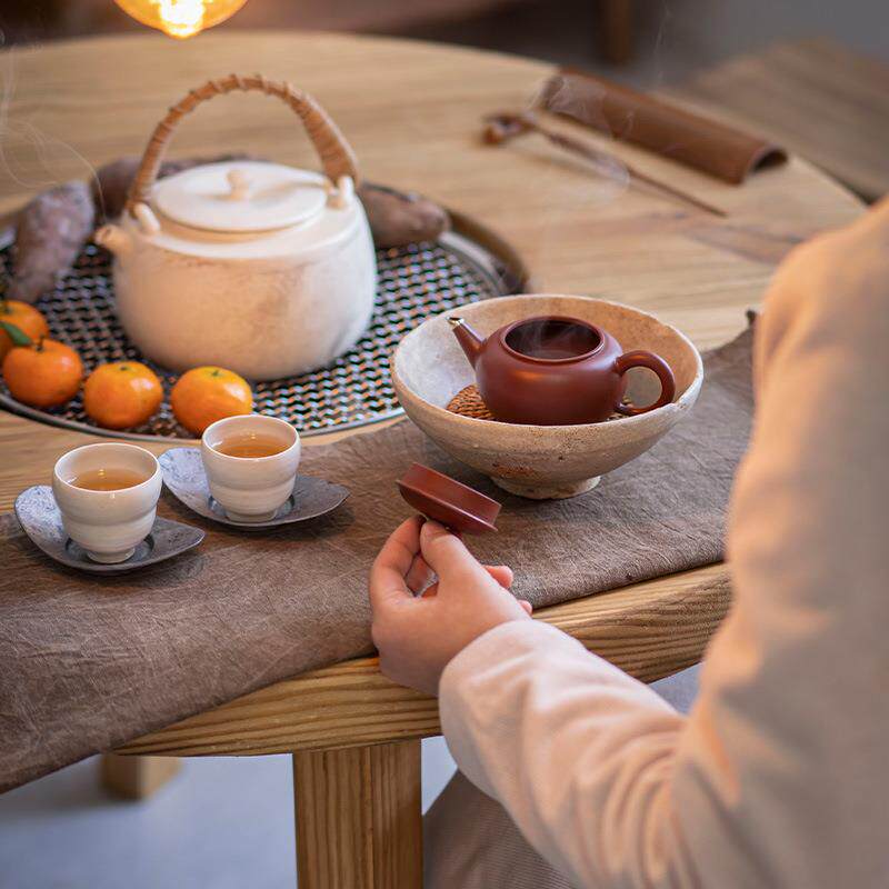 围炉边炉电陶炉松柏木多功能实木小圆桌火锅餐桌炭炉烧烤煮茶茶桌