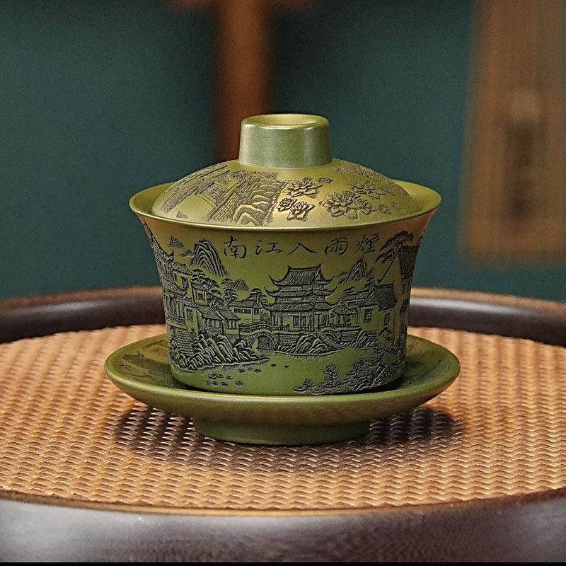 宜兴全手工紫砂茶具烟雨入江南盖碗品茗杯原矿绿泥功夫泡茶公道杯图片