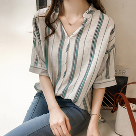 夏季女装韩版批发学生慵懒BF风衬衣大码宽松短袖复古条纹衬衫