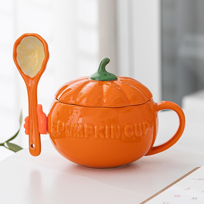南瓜杯子马克杯带盖子勺可爱女学生喝水杯家用咖啡杯陶瓷早餐燕麦