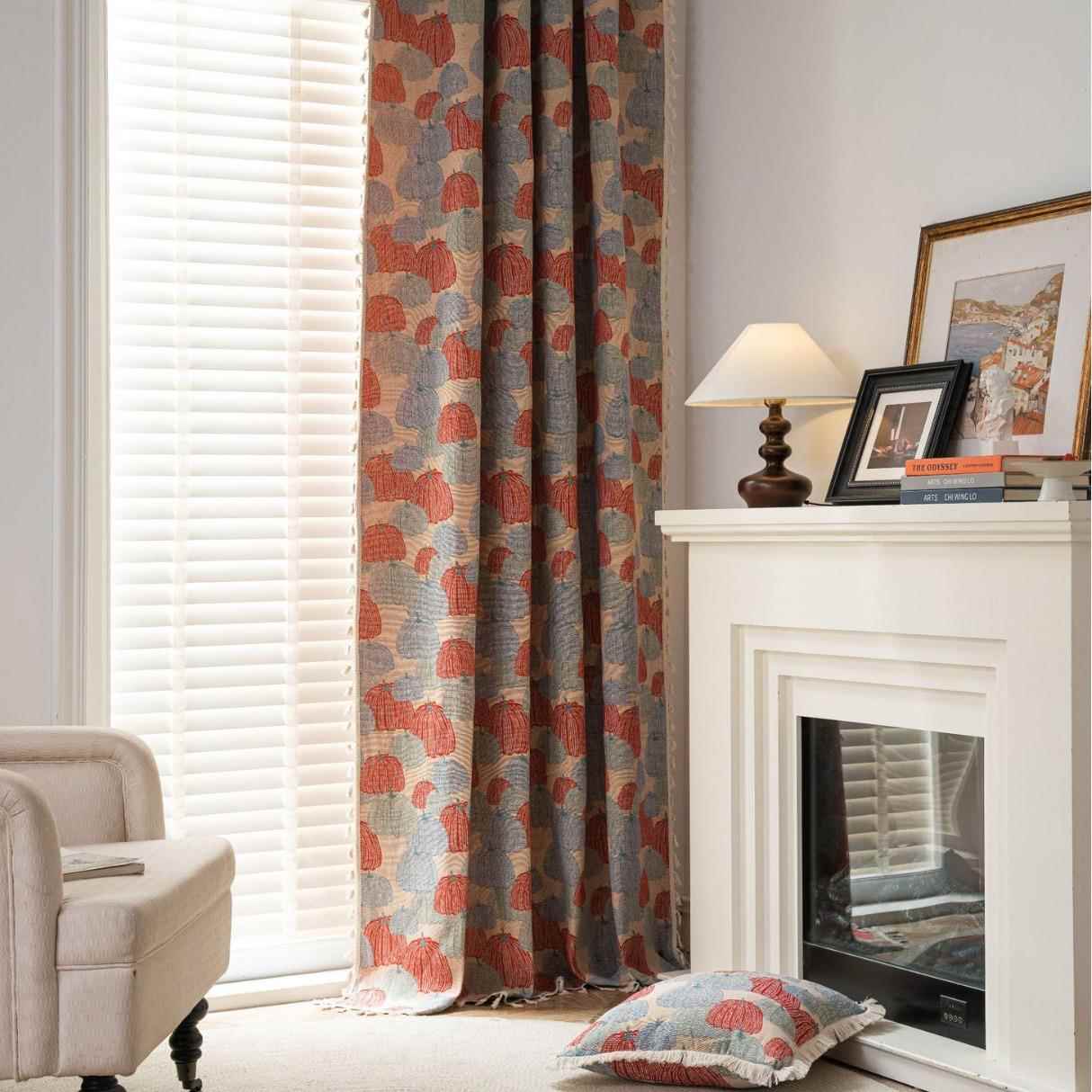 工厂美式感恩节成品窗帘橘色提花南瓜全遮光隔热窗帘客厅卧室