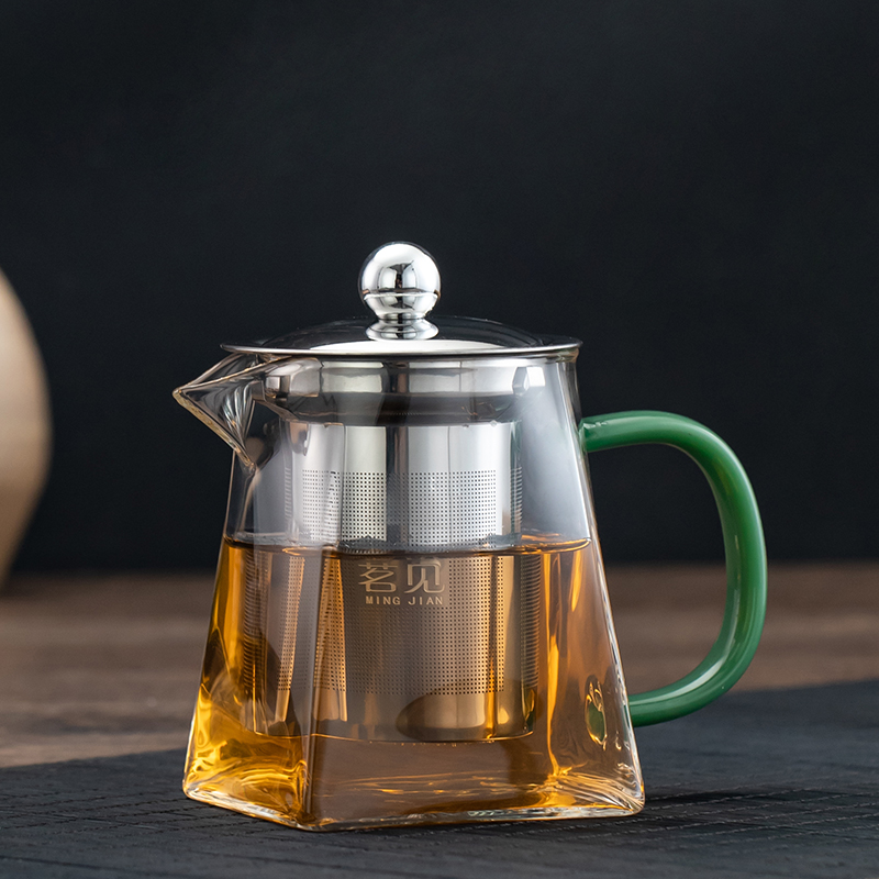 茗见加厚玻璃四方花茶壶不锈钢方形泡茶壶分茶器套装大号泡红茶壶