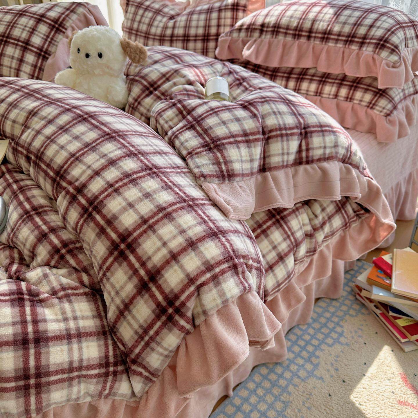 秋冬保暖中古风格子牛奶绒花边床盖床单四件套主卧床单被套床品,床上用品,床垫/床褥/床护垫/榻榻米床垫,淘宝优惠券,粉丝福利购,淘宝优惠卷