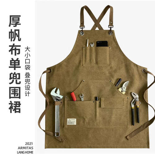 日式定制logo印字无袖罩衣咖啡师围裙奶茶店防水防污背带款工作服