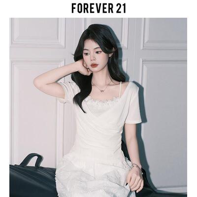 Forever21温柔独特花朵假两件吊带小衫女法式白色收腰短袖T恤上衣