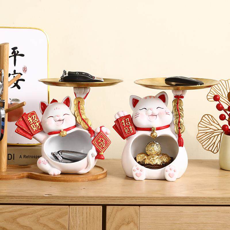 招财猫托盘摆件客厅玄关装饰品乔迁钥匙收纳办公室桌面装饰工艺礼