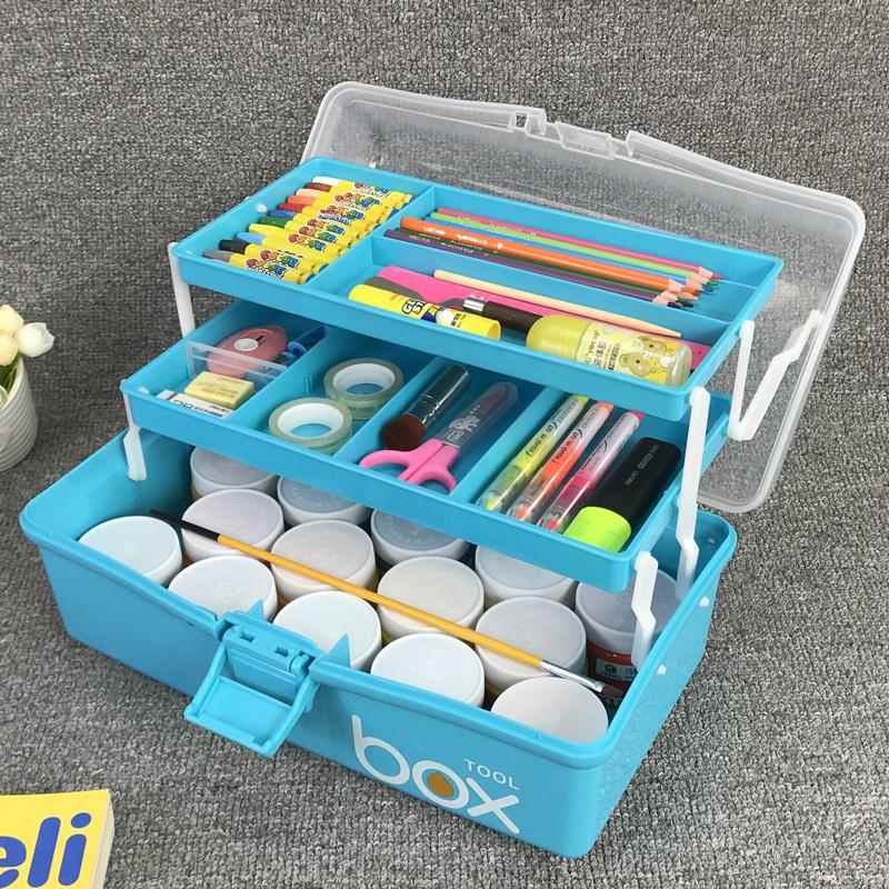 美术用工具手提式箱大号品三水层多A-2231功能画画收纳箱小学生粉