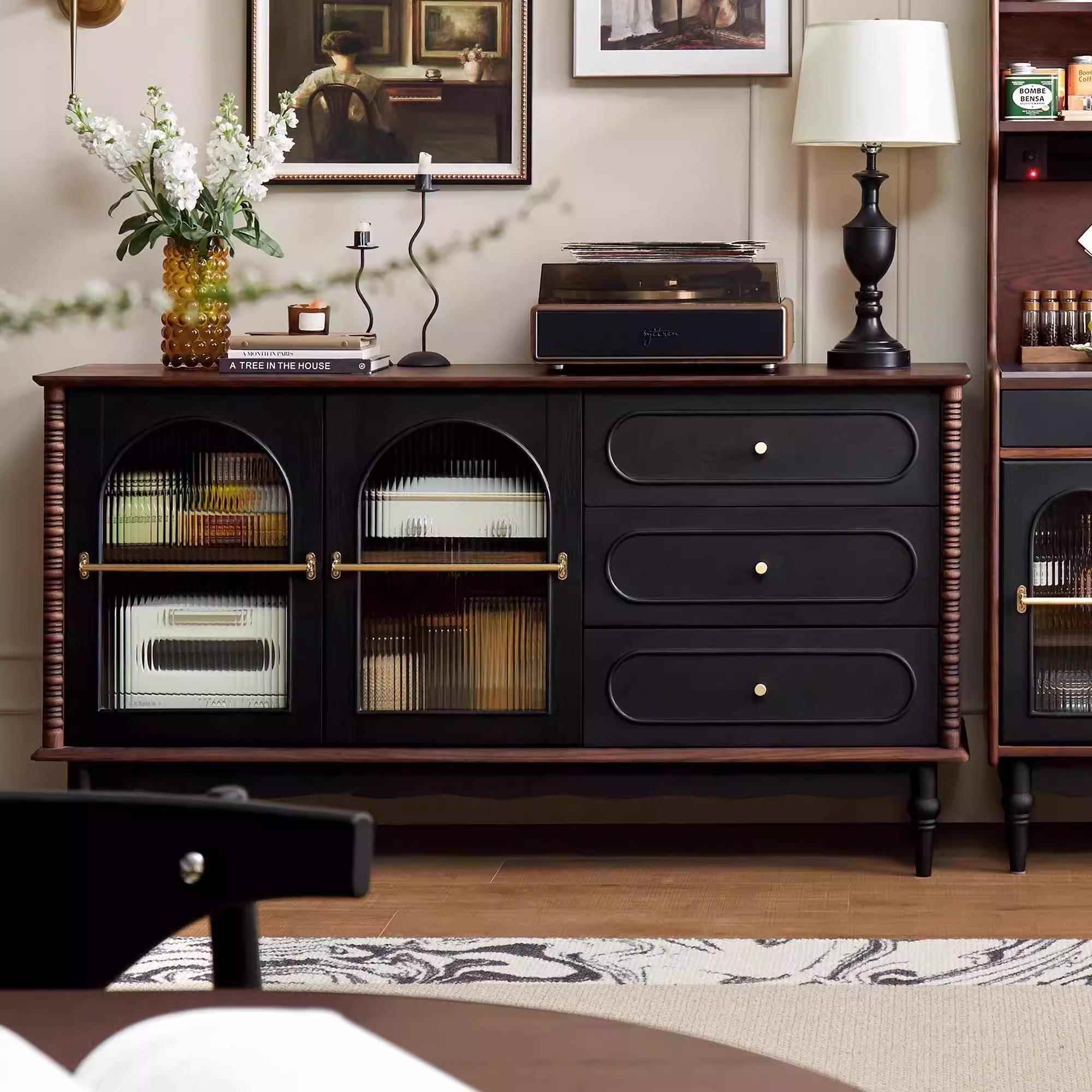 法式复古实木餐边柜客厅靠墙一体茶水柜咖啡柜沙发边柜矮柜收纳柜