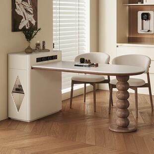 覆古风圆弧岛台餐桌一体可伸缩家用小户型饭厅岩板全实木倒台 意式