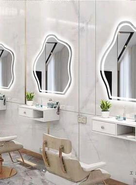 理发F997H958店镜台店圆镜子理发店镜子子墙一体挂美发带柜灯壁挂