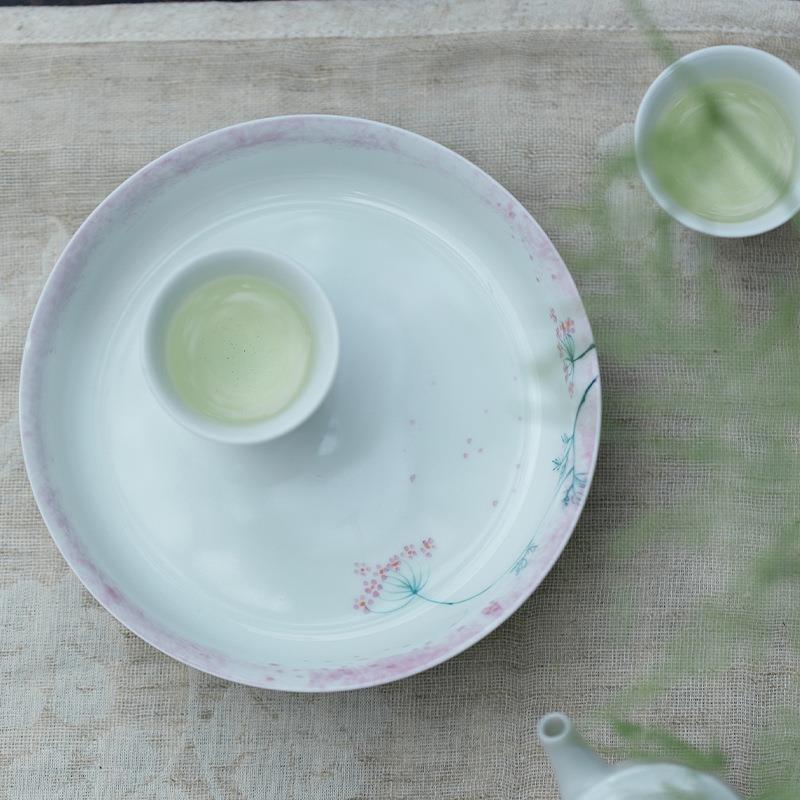 束刻玉瓷玉泥圆盘壶承干泡盘茶承茶道道配件手绘紫色花蓄水干泡台