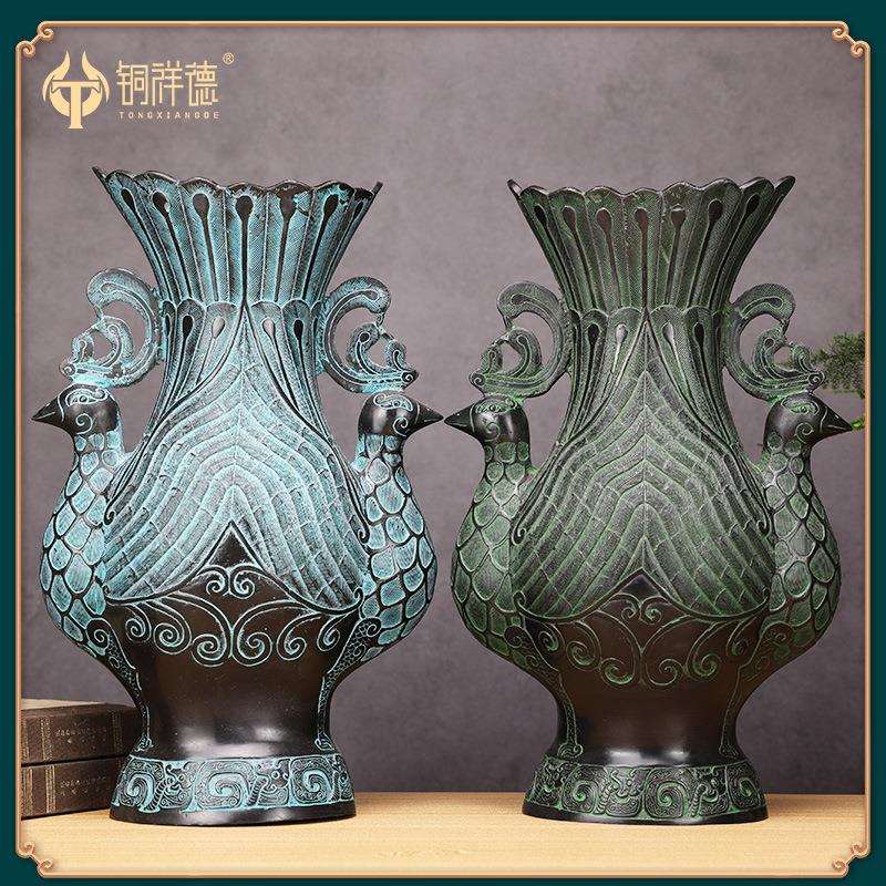 青铜器仿古摆件青铜双凤尊酒樽吉祥鸟尊古玩家居装饰工艺品铜花瓶