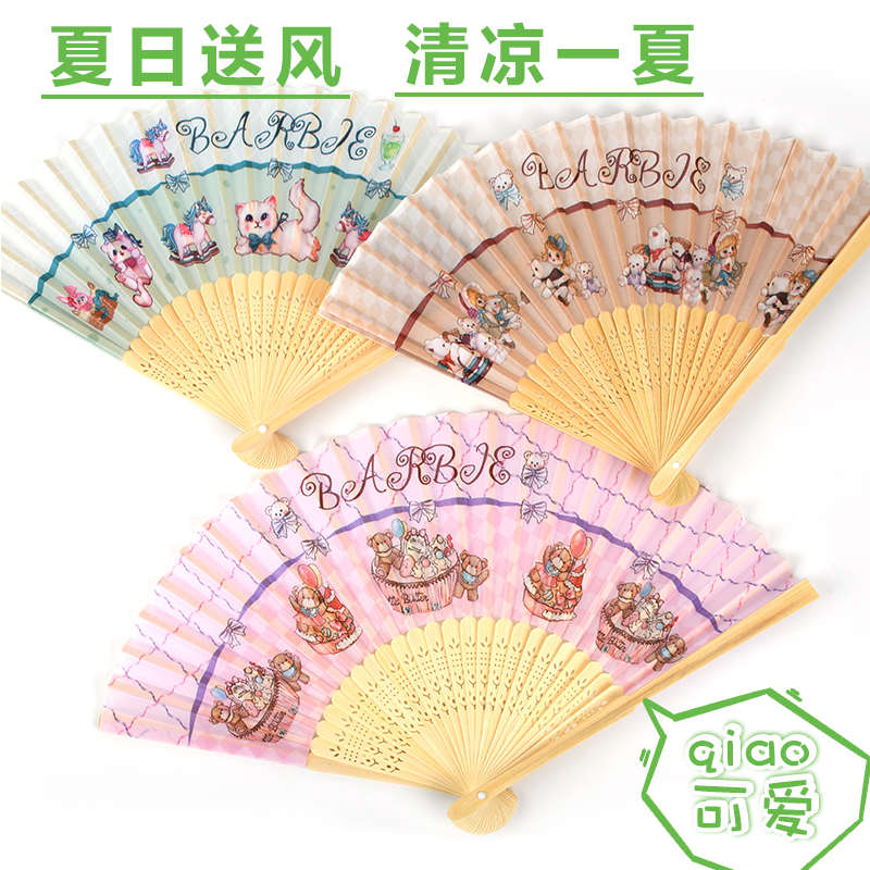 批发儿童卡通竹制扇子夏季便携折扇小学生随身手摇扇少女心布面扇