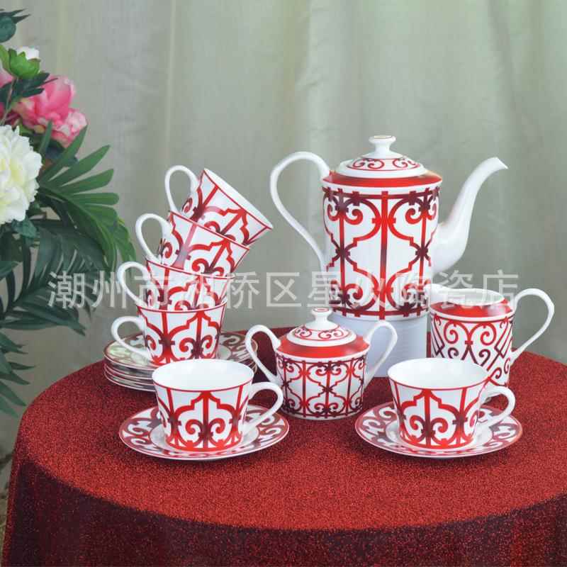 欧式陶瓷水具6杯碟水壶奶壶糖罐6人套装圣诞红色水具可加logo