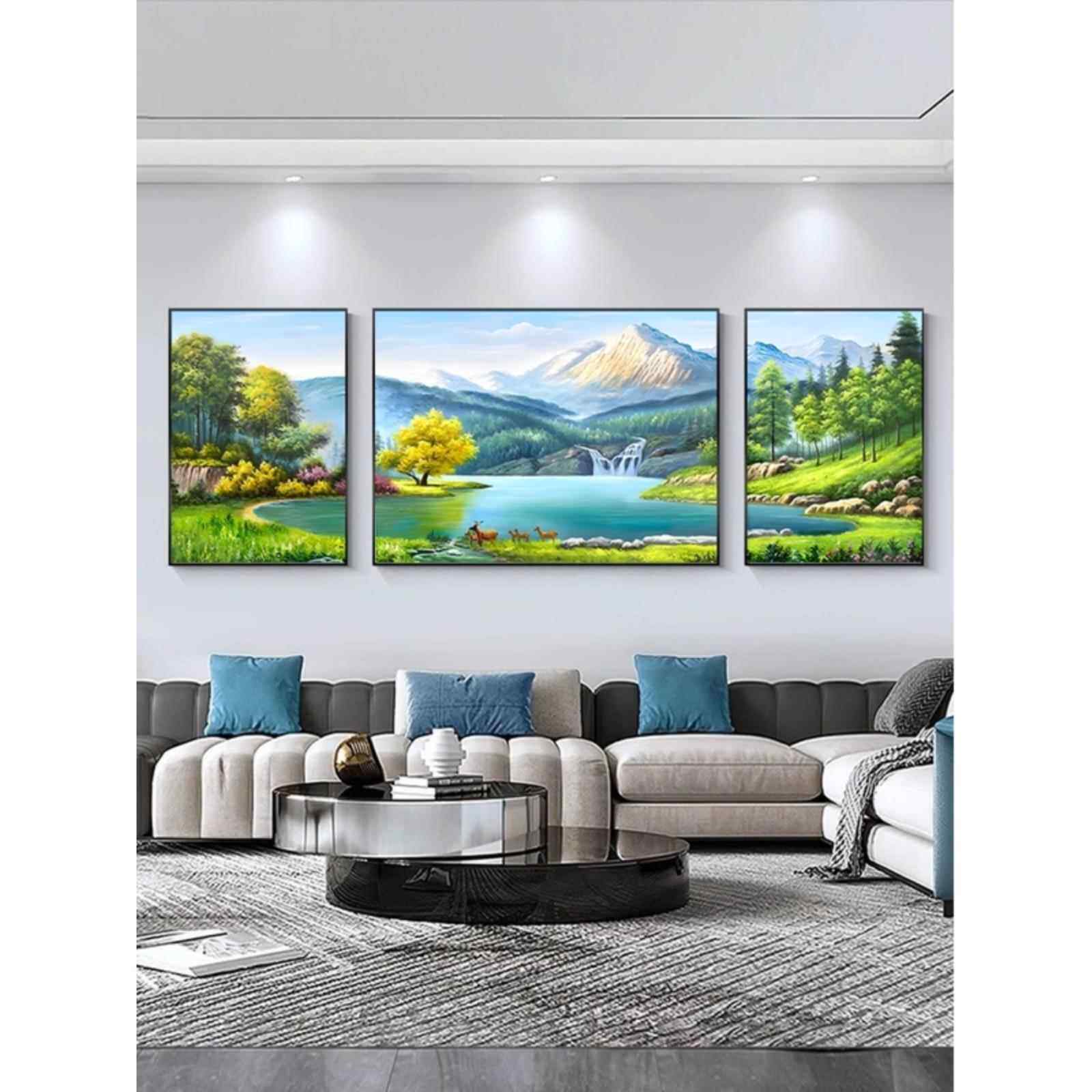 风景画客厅装饰画三联画大气2024新现代简约挂画沙发背景墙壁画