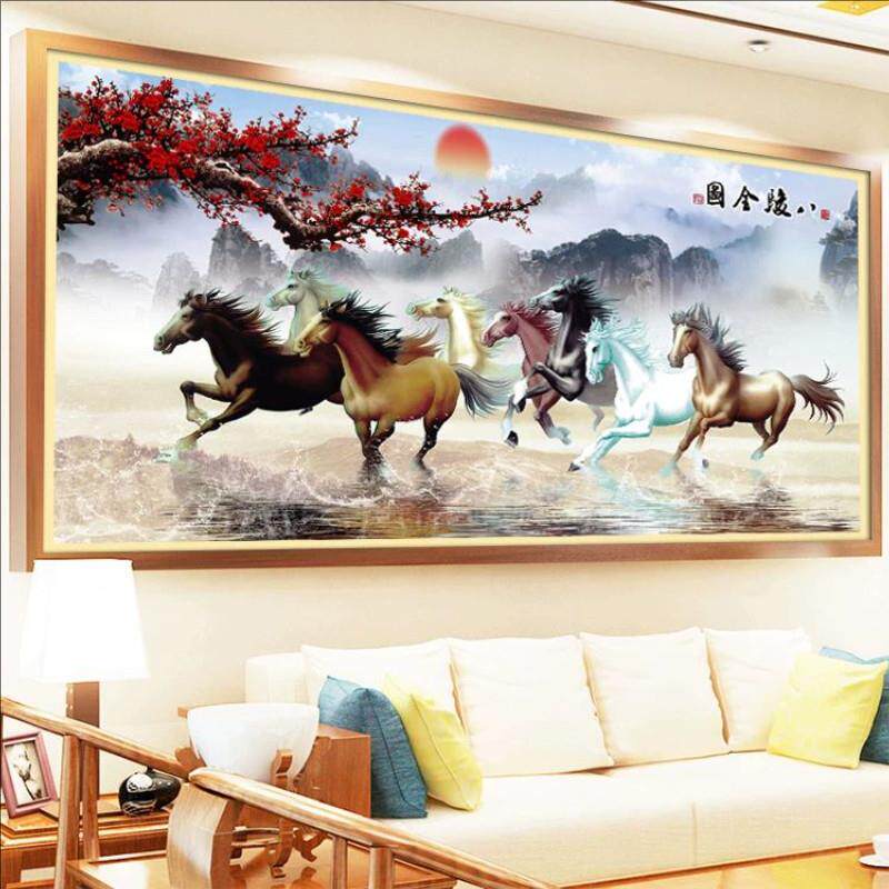 纯手工十字绣成品八骏全图马到成功新款客厅办公室中式满绣山水画