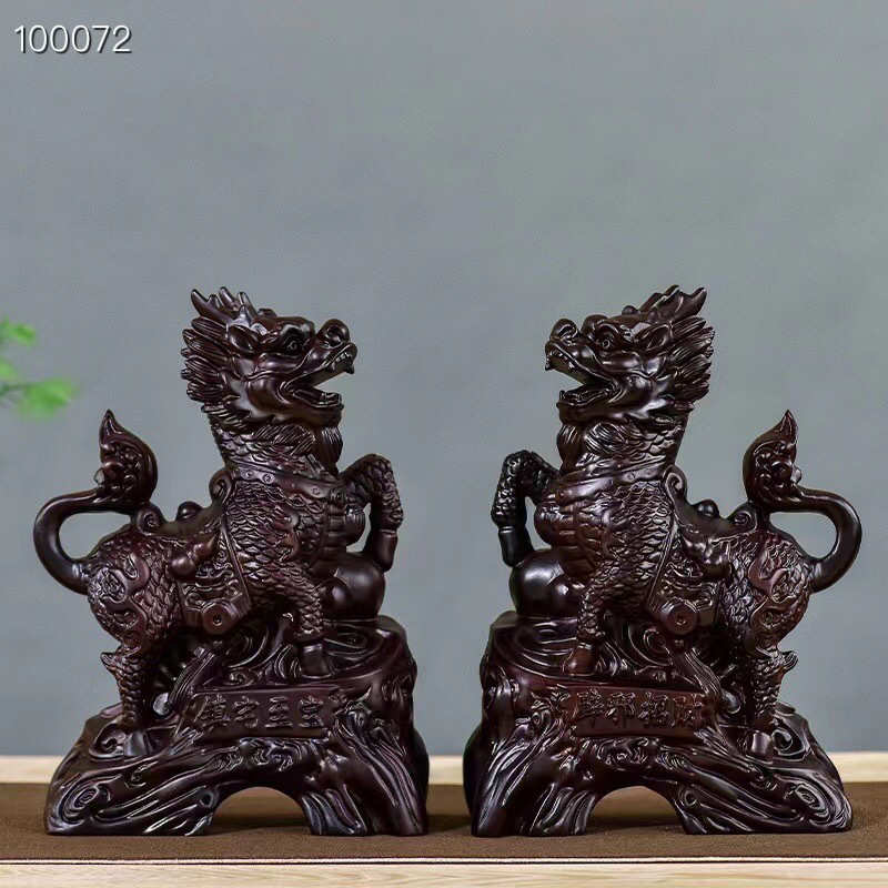 黑檀麒麟摆件一对财富麒麟办公室客厅装饰品实木家居摆件开业礼品