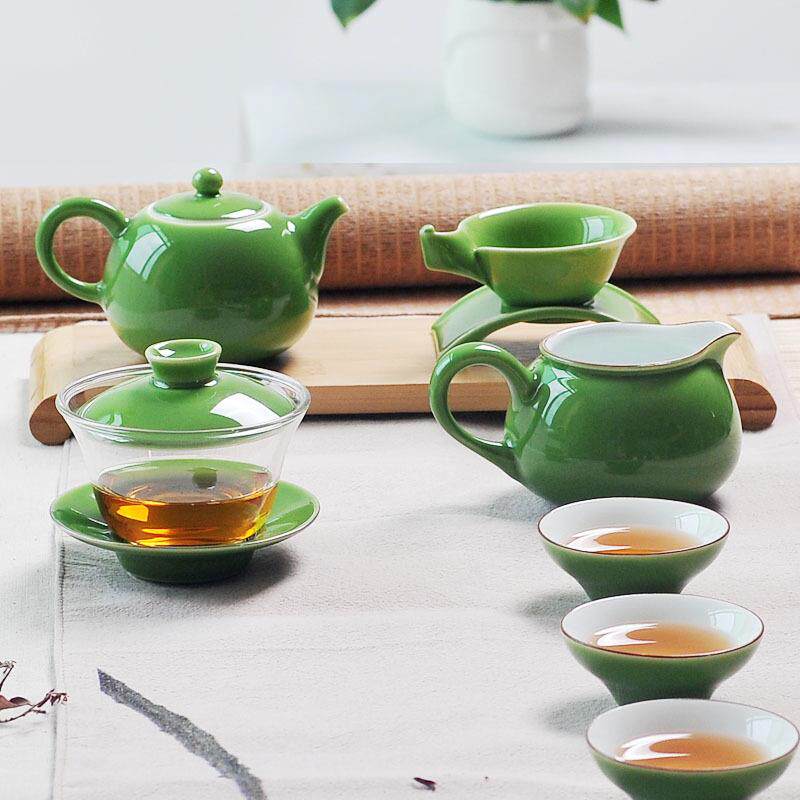 11头陶瓷玻璃茶具套装绿茶一壶六杯陶瓷茶杯高硼硅玻璃三才盖碗