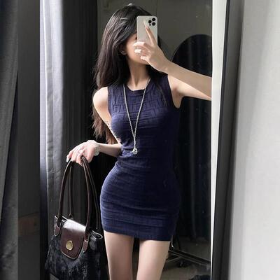 性感御姐纯欲辣妹背心包臀裙女夏藏青色修身凸显身材针织连衣短裙