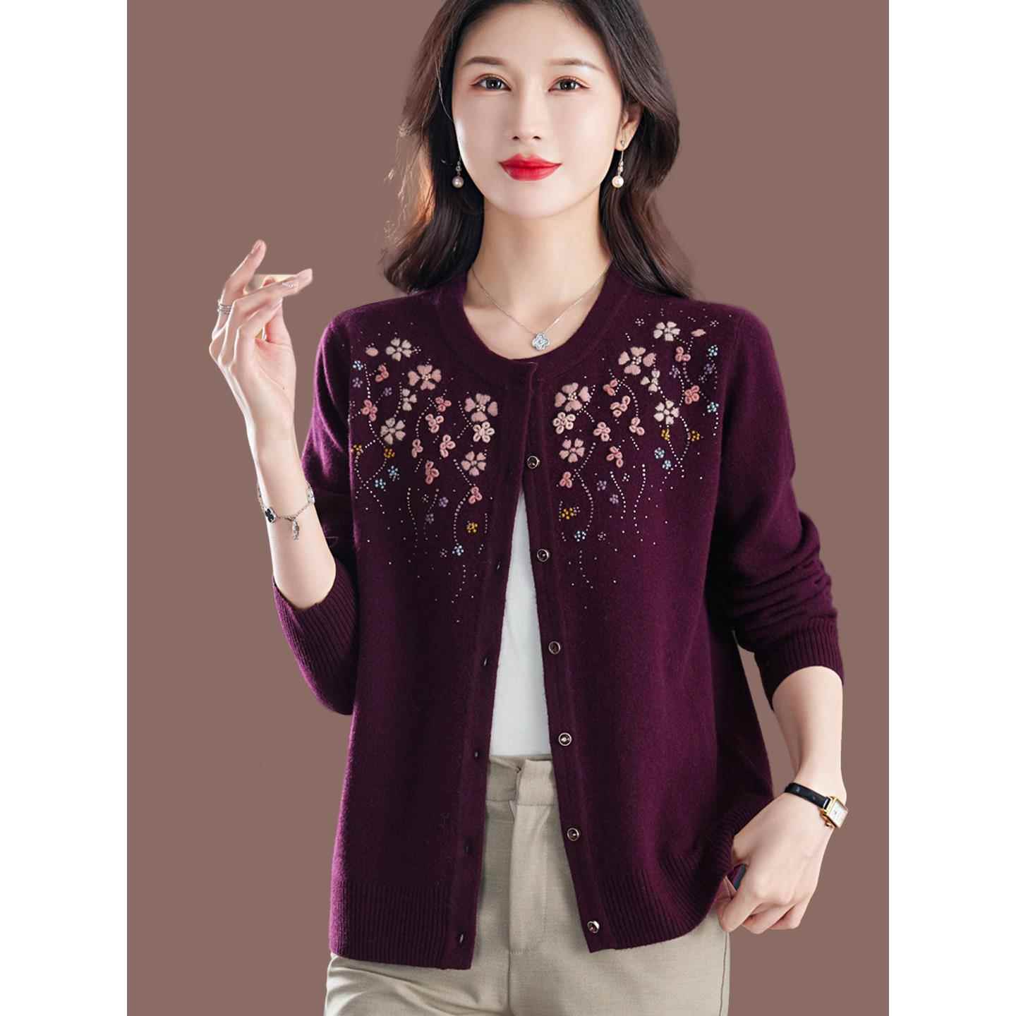 绣花100纯羊毛针织开衫女长袖圆领毛衣外套妈妈秋冬上衣披肩外搭