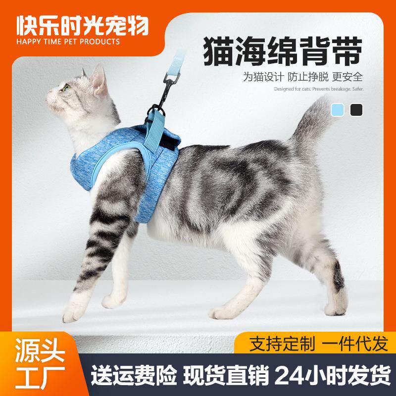 猫咪春夏牵引套装透气牵引绳防脱魔术贴背心式猫海绵遛猫绳防挣脱