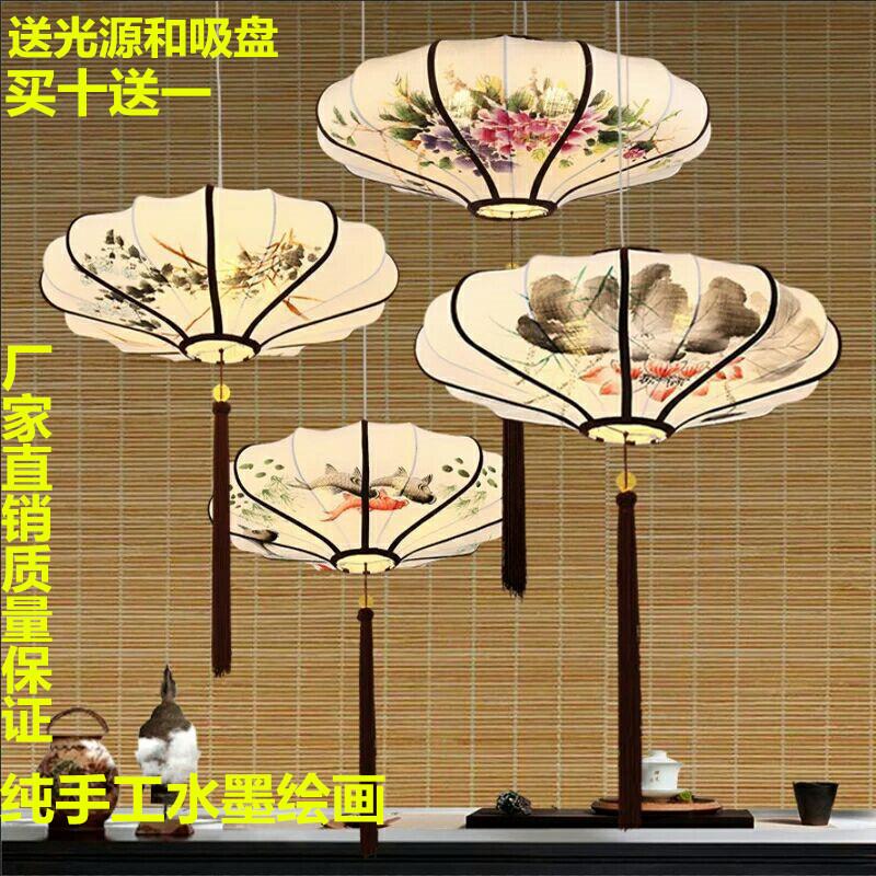 新款新中式婚礼印花水墨飞碟灯笼吊灯挂轴卷轴画古典婚庆装饰布置