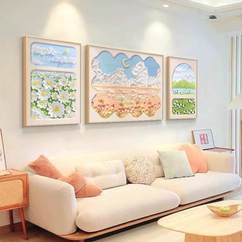 北欧ins风小清新客厅装饰画2024新款沙发背景墙壁画花卉三联挂画