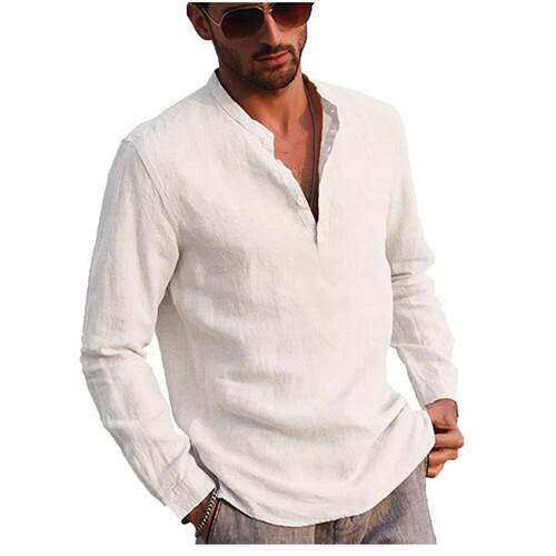 Men's cotton and linen standing collar long sleeved men's