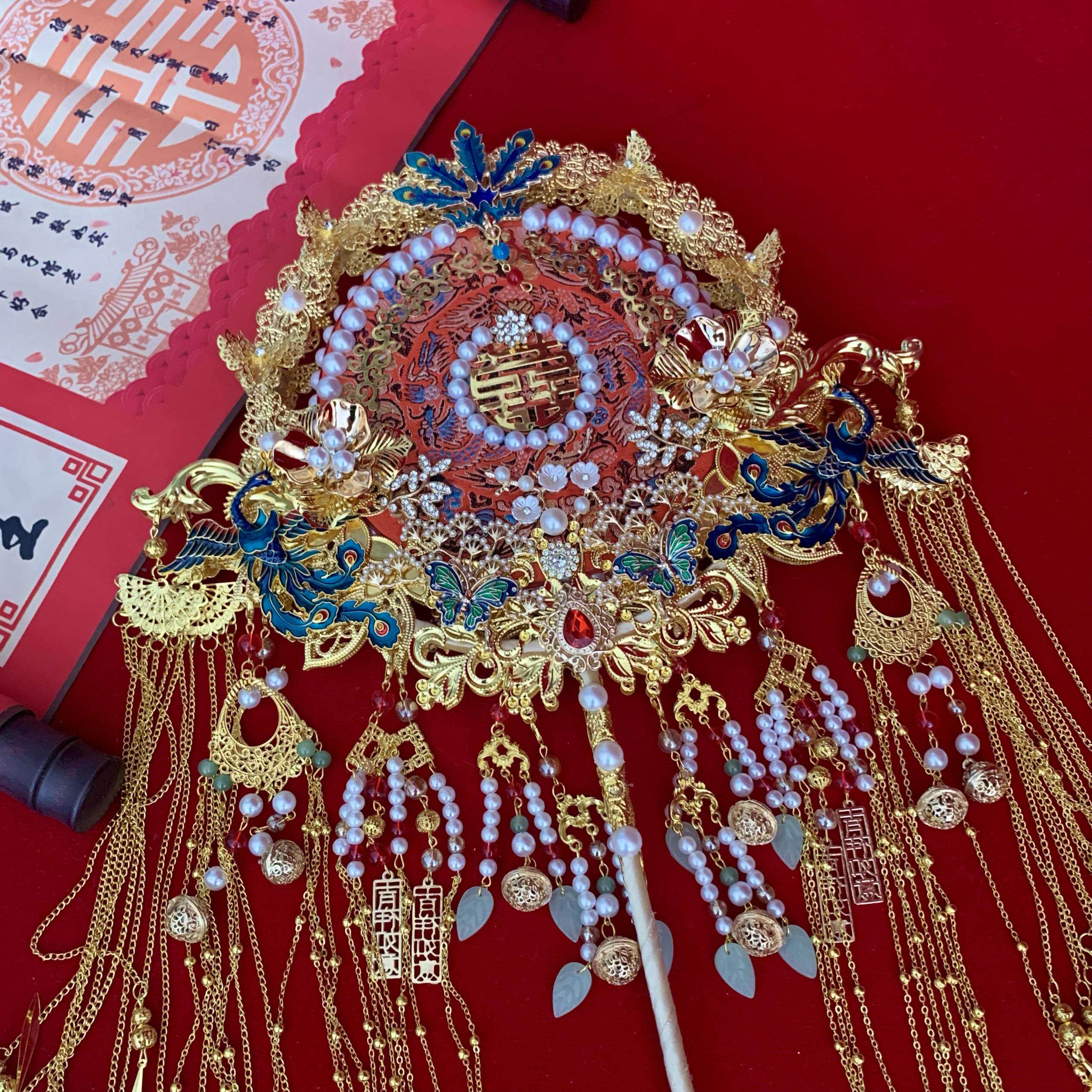 高级重工双面双色团扇新娘结婚出嫁手捧花diy材料包中式秀禾扇子