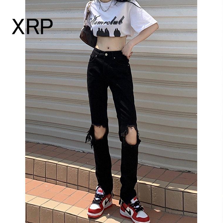 美式黑色破洞直筒牛仔裤女2025春夏新款高街设计感显瘦窄版阔腿裤