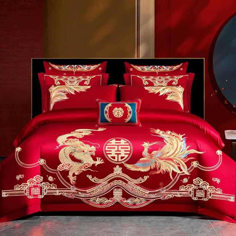 正品缦帛结四婚婚件套婚床上用色品大红新婚婚庆床组六件套刺绣嫁