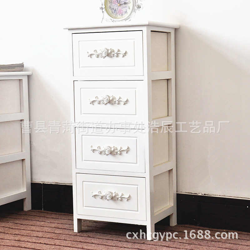 床头柜 白色玫瑰把手卧室床边柜 储物柜 抽屉 木制收纳柜