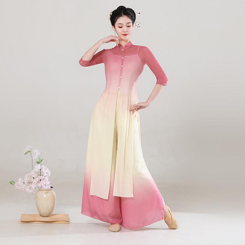 民族风古典舞蹈服女飘逸紧身渐层弹力长版旗袍练功服中国舞演出服