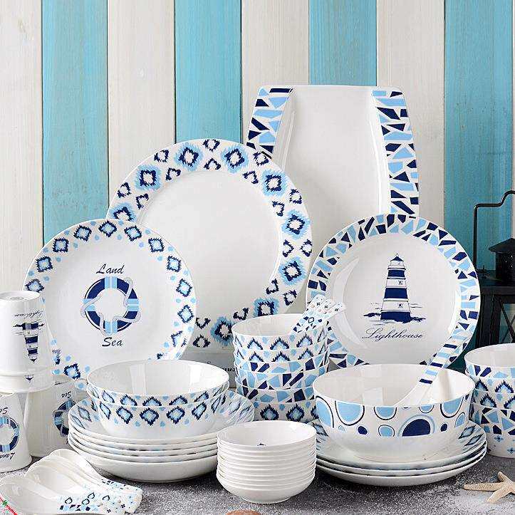 骨瓷碗碟套装北欧简约创意地中海餐具陶瓷碗盘组合家用2/4人韩式