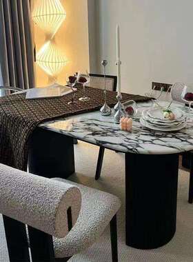 法式爆款的大理椅石餐岩板餐桌复古现代轻椭奢石简约圆餐XMC63245