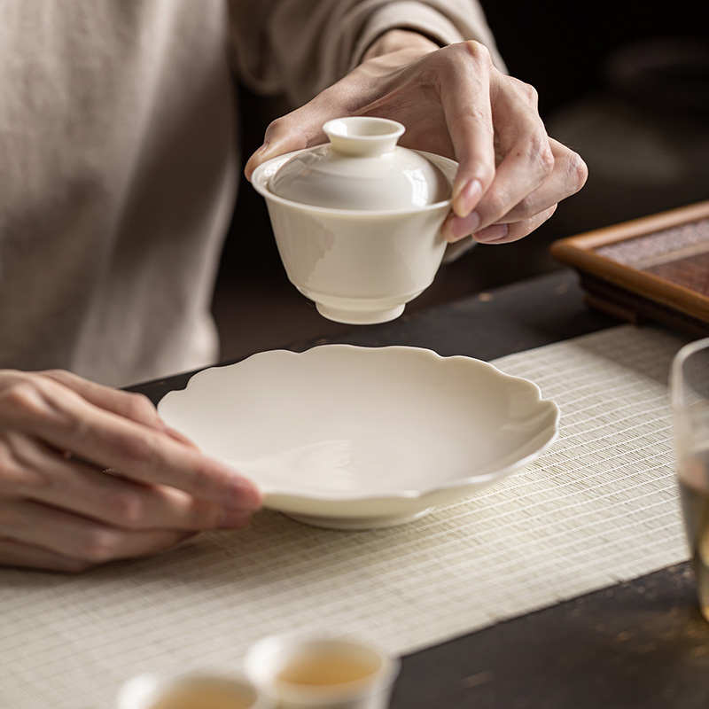 杏白釉手工家用高脚葵口壶承干泡台养壶茶承小型蓄水茶盘紫砂壶垫