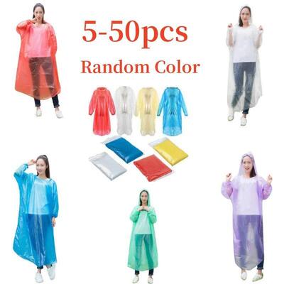 5-50pcs Disposable Rain Ponchos Raincoat with Hood Adults Em