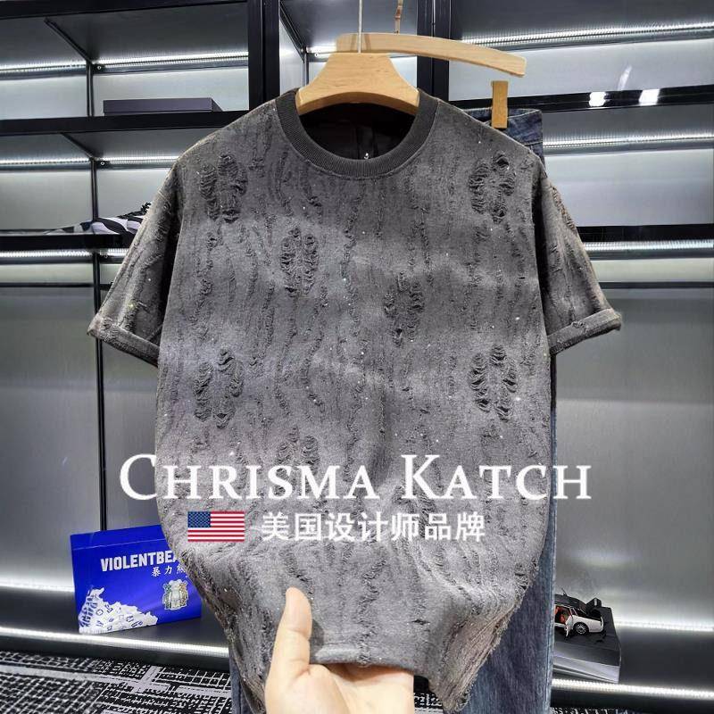 出口美国?Chrisma Katch~新款短袖潮流轻奢风满天星破洞t恤男士