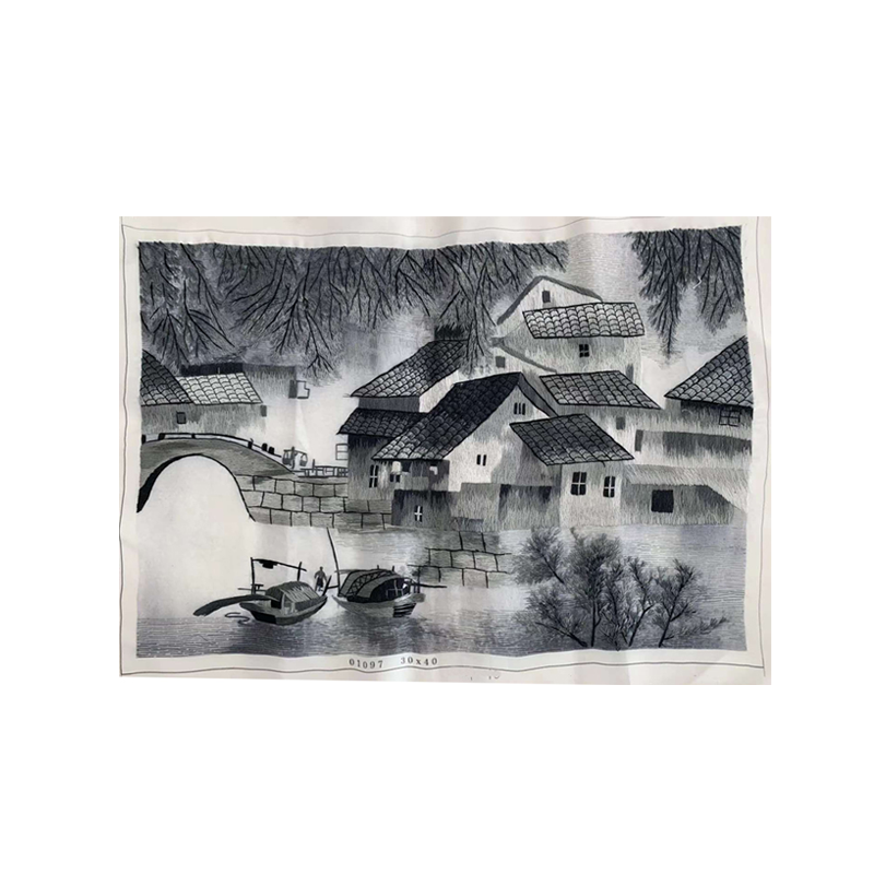 苏绣水乡手工刺绣水墨画国画绣片小桥流水人家书房卧室装饰画礼品