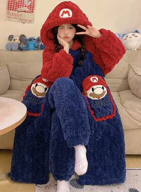 马里奥睡袍冬季珊瑚绒三层夹棉睡衣女冬款加厚加绒保暖家居服套装