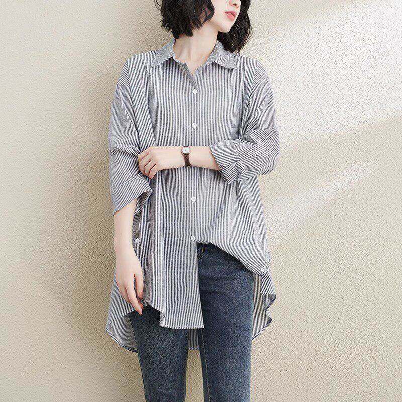 欧洲站条纹纯棉衬衫女士设计感小众新款2025年春秋长袖中长版上衣