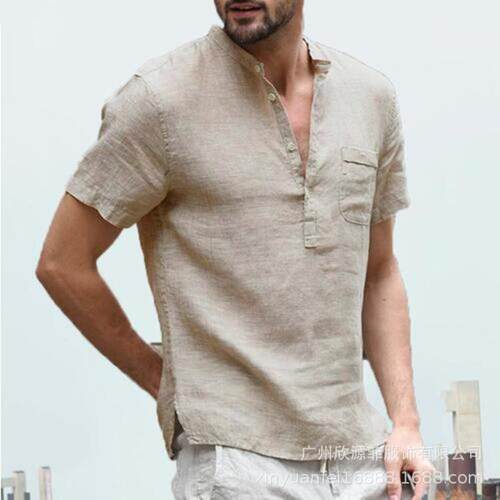 Men's collar linen short sleeved shirt