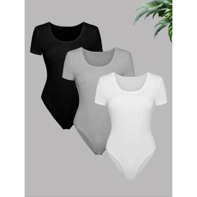 Solid Scoop Neck Bodysuit Casual Comfy Breathable Short